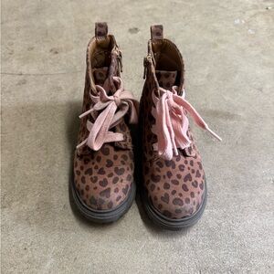 Cat & Jack Brown Leopard Print Kids Boots and pink flower boots (2 pairs).